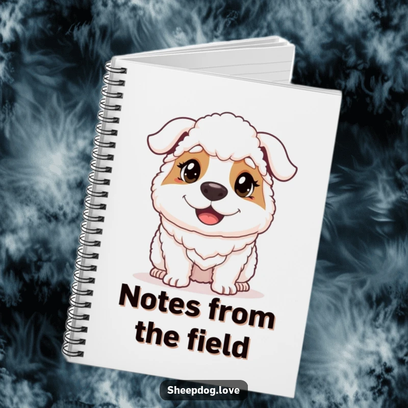 Funny sheepdog’s determined and happy face adorns the cover of a notebook, ideal for jotting down inspired thoughts.
