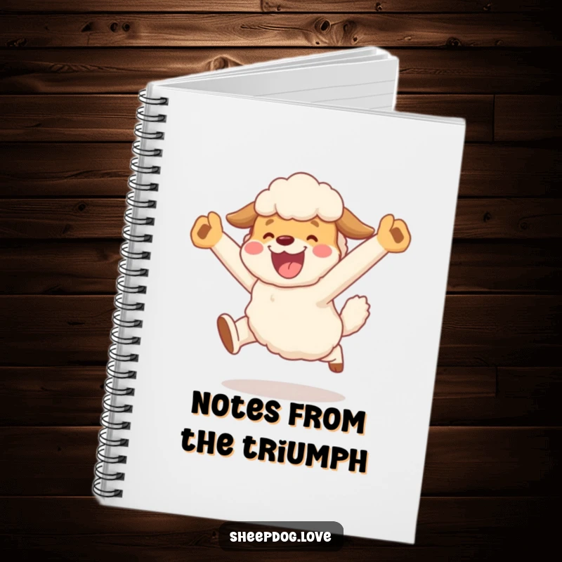 Funny notebook featuring a sheepdog character in a joyful, celebratory leap after herding, ideal for jotting down funny achievements.