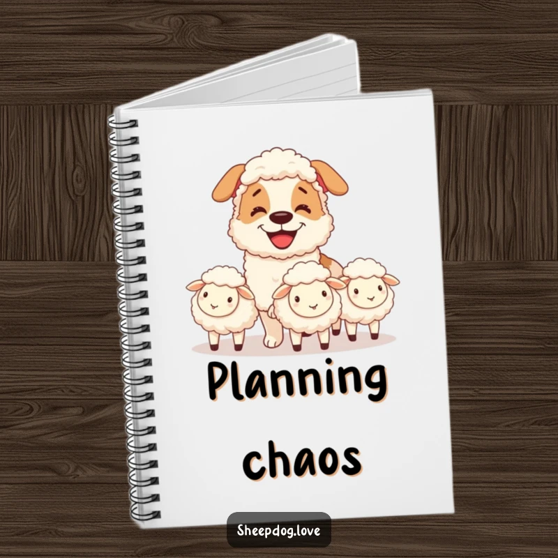Funny notebook with a grinning sheepdog herding sheep, designed for jotting down notes with a humorous dog theme.