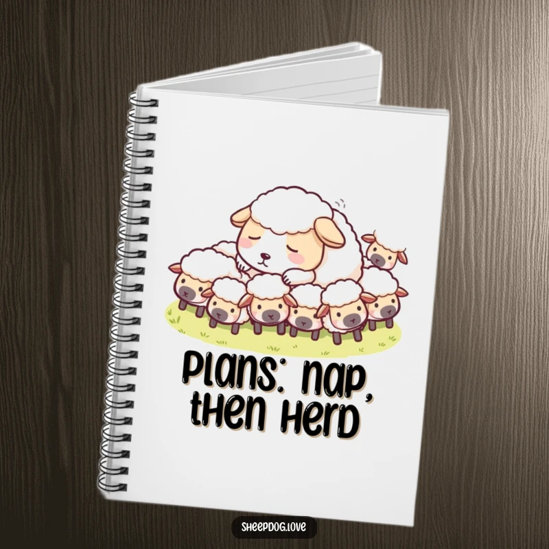 Funny Sheepdog Notebook with an illustration of a sheepdog napping amongst sheep, for peaceful note-taking.