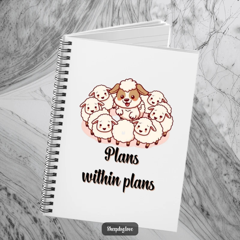 Funny notebook with an energetic kawaii sheepdog herding fluffy sheep in a circle, ideal for note-taking with cute energy and humor.