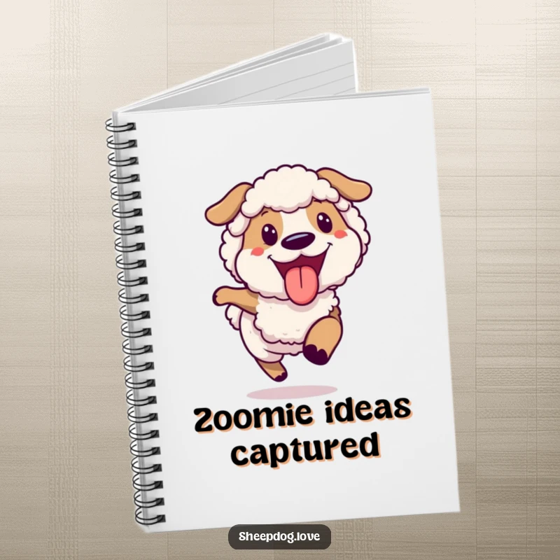 Funny joyful sheepdog running notebook, showcasing a happy dog in full stride with its tongue out.