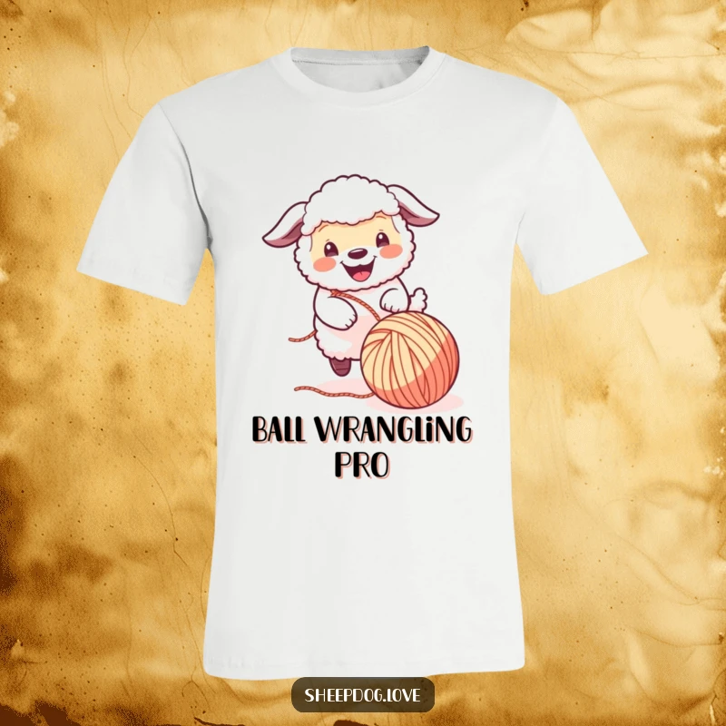 Funny Sheepdog T-Shirt: An energetic sheepdog joyfully pursues a rolling ball of yarn, capturing a moment of pure, hilarious canine fun.