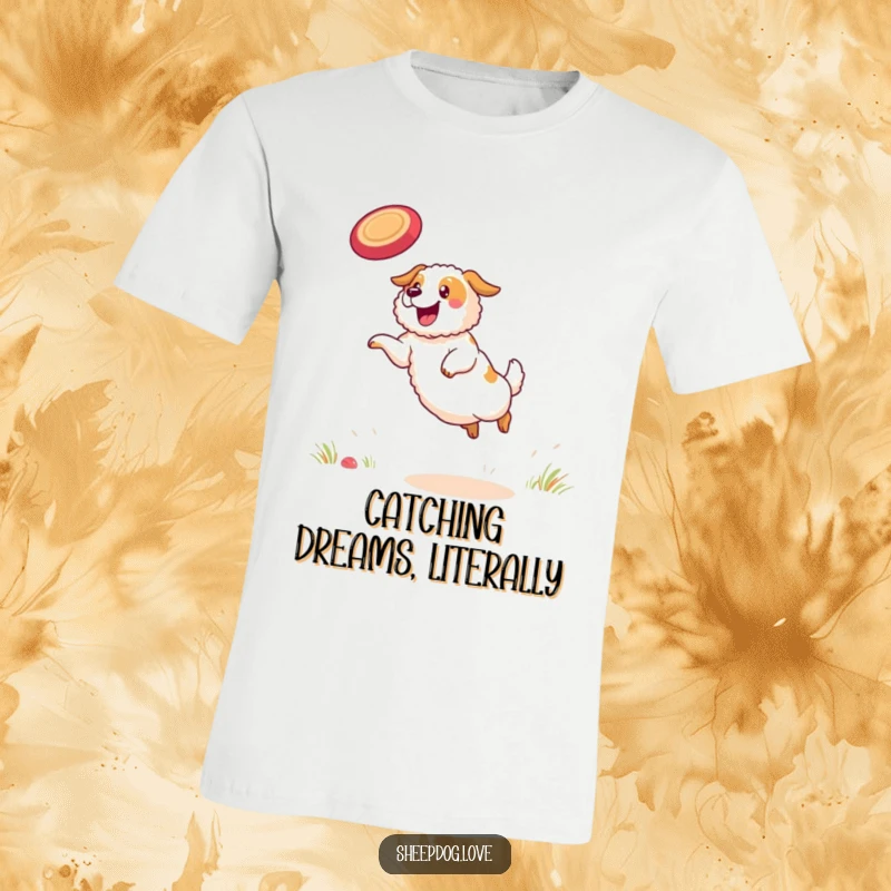Funny sheepdog t-shirt portraying a determined sheepdog heroically leaping to catch a frisbee with pure joy.