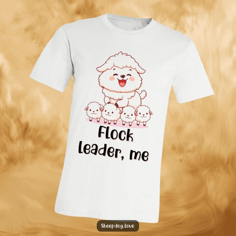 Funny sheepdog t-shirt of a sheepdog joyfully herding fluffy sheep, cute farm animal design, a great funny gift.