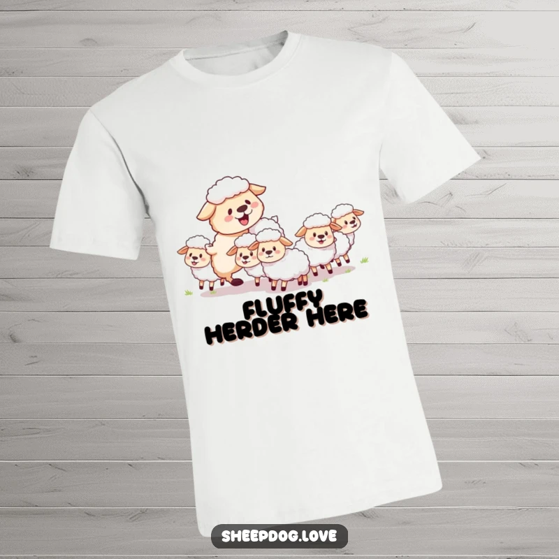 Funny sheepdog t-shirt showing a fluffy dog playfully herding sheep with visible joy and a delightful, energetic approach.