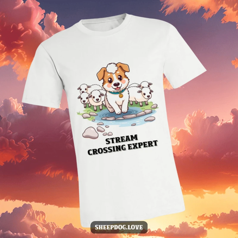 Funny Determined Sheepdog T-Shirt depicting a focused sheepdog leading its flock across a stream, a heroic and humorous scene.