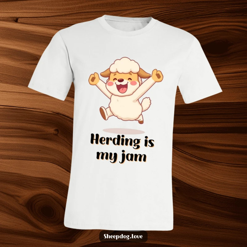 Funny t-shirt featuring a sheepdog character in a dynamic, celebratory leap after successful herding, full of funny triumph.