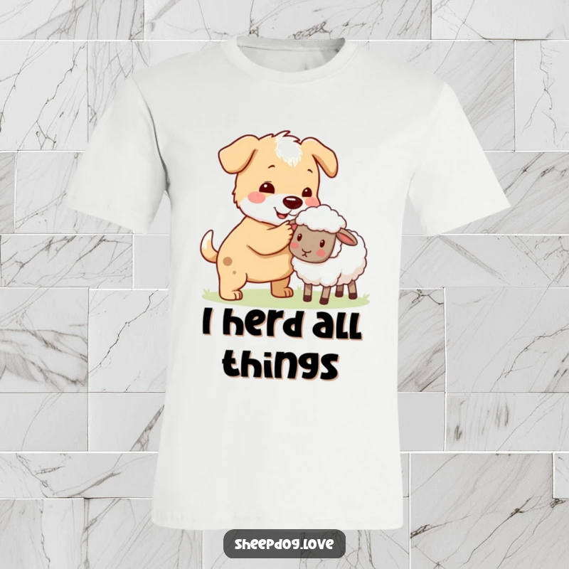 Funny sheepdog gently nudging a stray sheep back towards its group on a t-shirt, highlighting helpfulness.