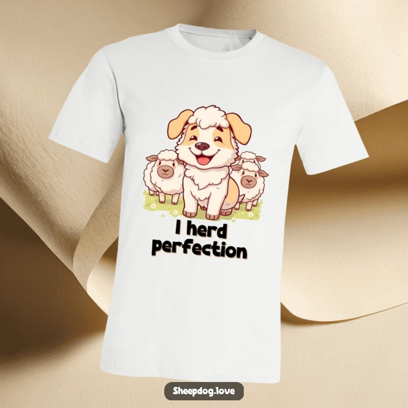 Funny t-shirt depicting a sheepdog with a proud grin, skillfully herding fluffy sheep, embodying playful control.