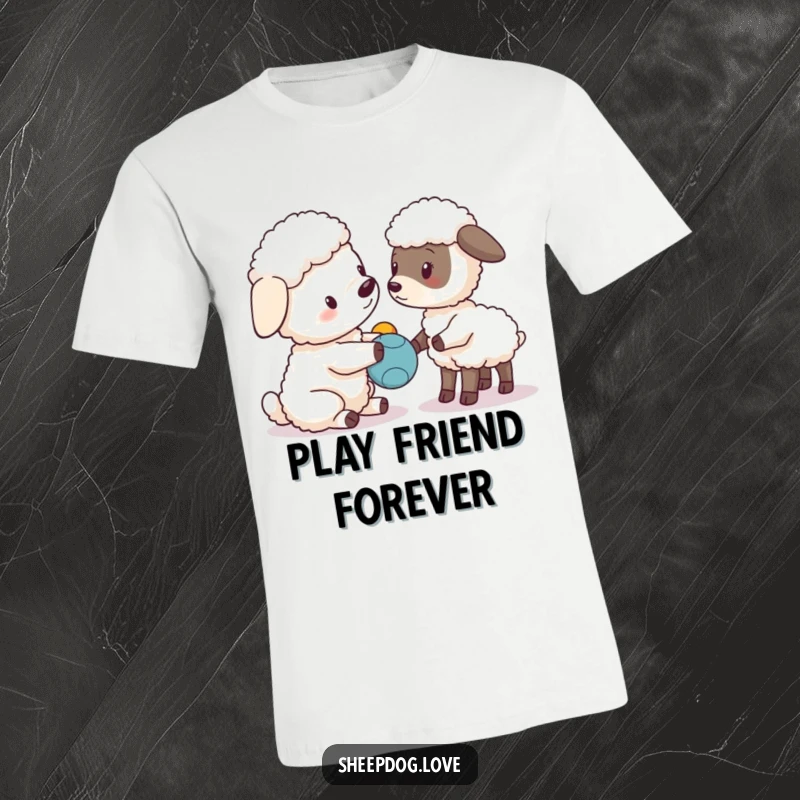 Funny sheepdog character offering a toy to a curious lamb, on a t-shirt.