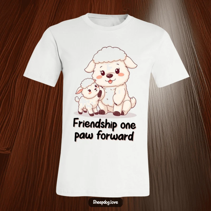 Funny sheepdog offering a paw to a curious lamb on a t-shirt, celebrating gentle farm animal bonds.