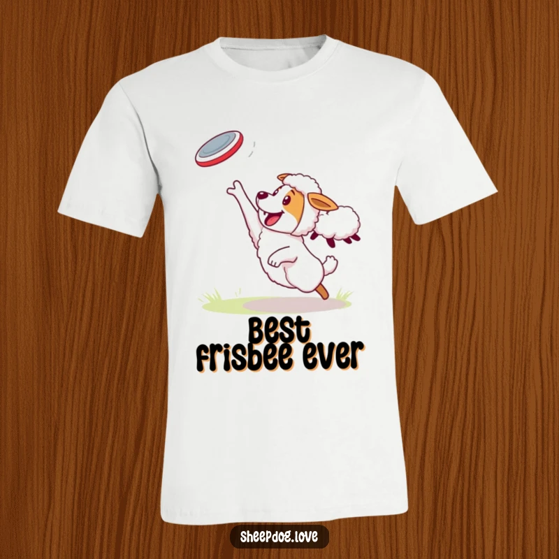 Funny Sheepdog T-Shirt: Sheepdog energetically catching a frisbee, with a sheep as the thrower, showcasing quirky fun.