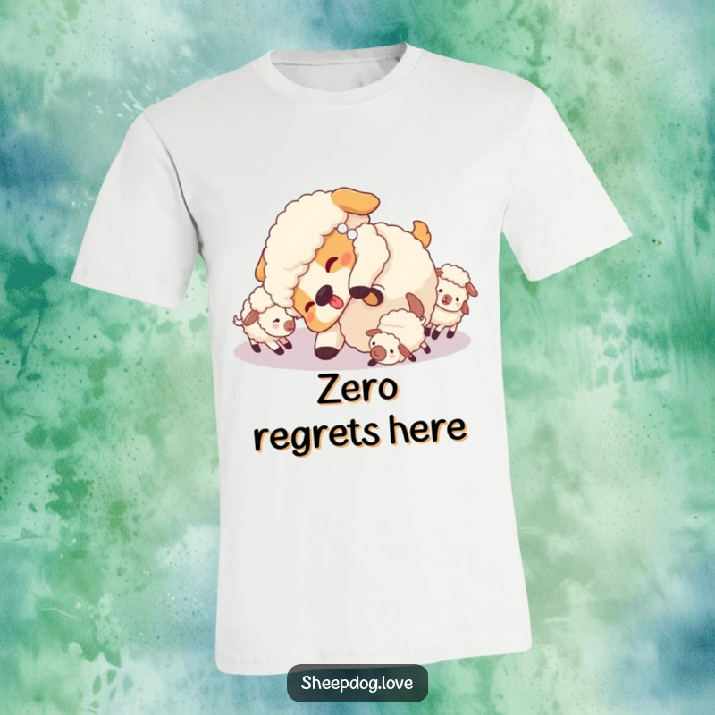 Funny Sheepdog T-Shirt: A sheepdog engaged in a playful tumble, with little sheep gathered around, sharing the joy.