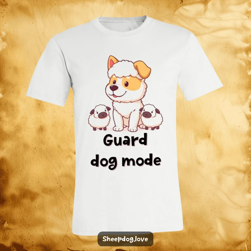 Funny Sheepdog T-Shirt: A sheepdog with a determined and happy expression, diligently watching over its sheep.