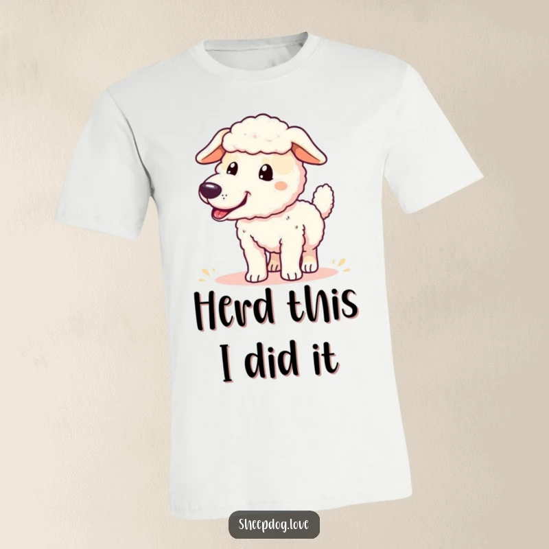Funny sheepdog t-shirt featuring a jubilant sheepdog whose tail wags with pure excitement after a successful herd roundup.