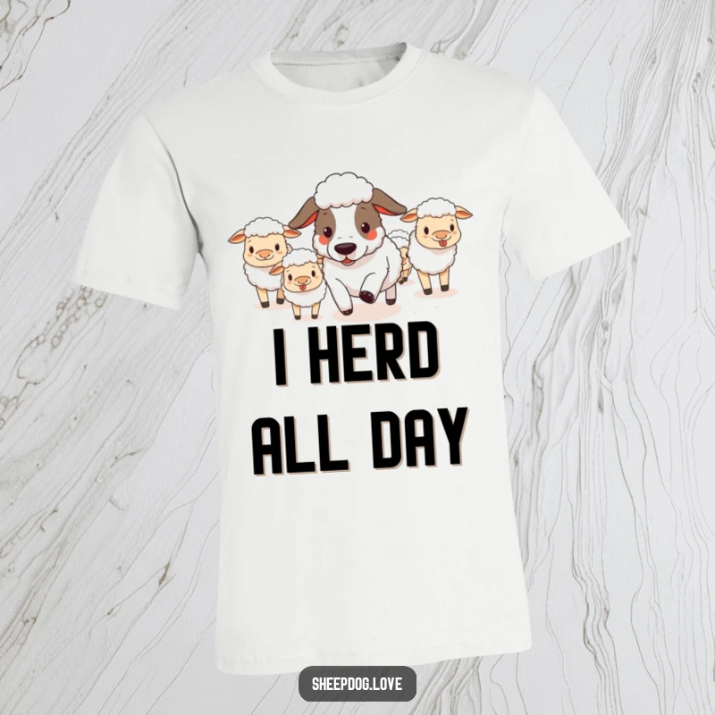 Funny sheepdog actively herding a mob of energetic sheep in a comical, lighthearted scene, printed on a comfortable t-shirt.