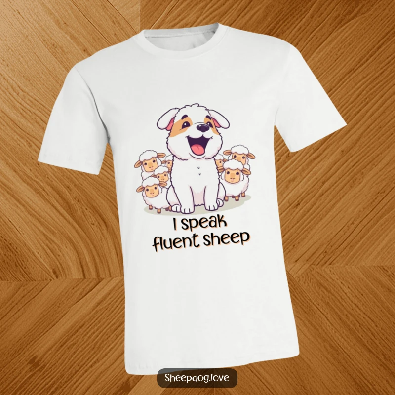 Funny sheepdog happily barking towards a flock of sheep, printed on a comfortable t-shirt for humorous expression.