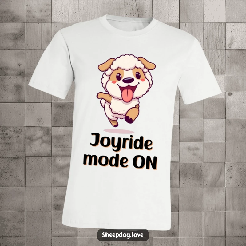 Funny joyful sheepdog t-shirt, a dog running at full speed with its tongue hanging out happily.