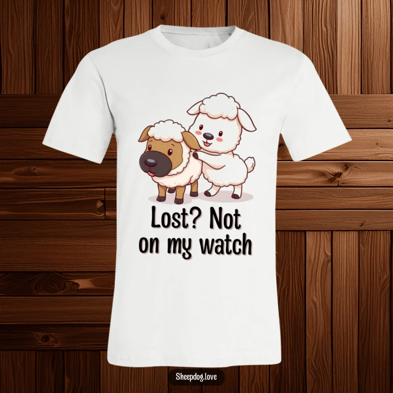 Funny sheepdog t-shirt, a playful dog nudging a wandering sheep back into line, showcasing gentle authority.