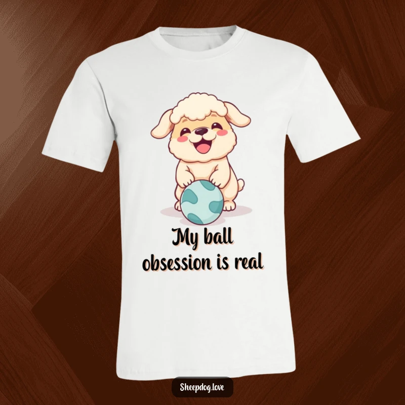 Funny sheepdog t-shirt showing a cheerful dog barking excitedly at a rolling ball, capturing a moment of playful energy.