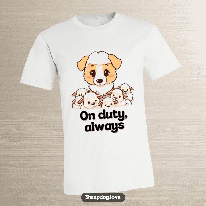 Funny sheepdog t-shirt depicting a determined sheepdog intently observing and guarding its flock.