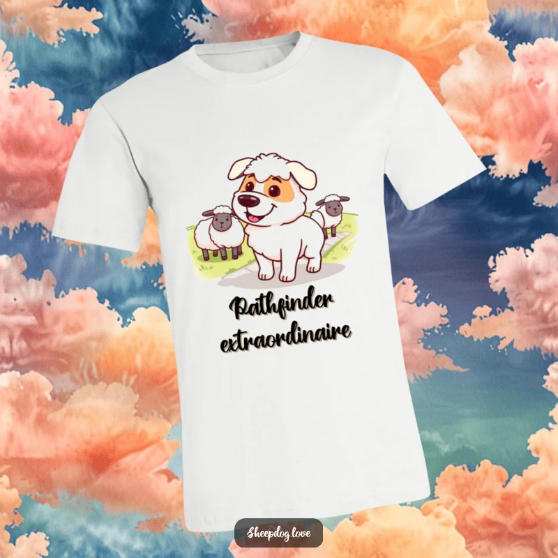 Funny sheepdog t-shirt, a smiling dog with a determined gaze, herding sheep across a path, embodying leadership.