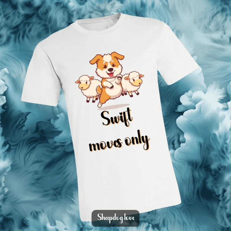 Funny sheepdog t-shirt depicting a dog performing a swift maneuver to redirect sheep, perfect for comfortable and humorous active wear.