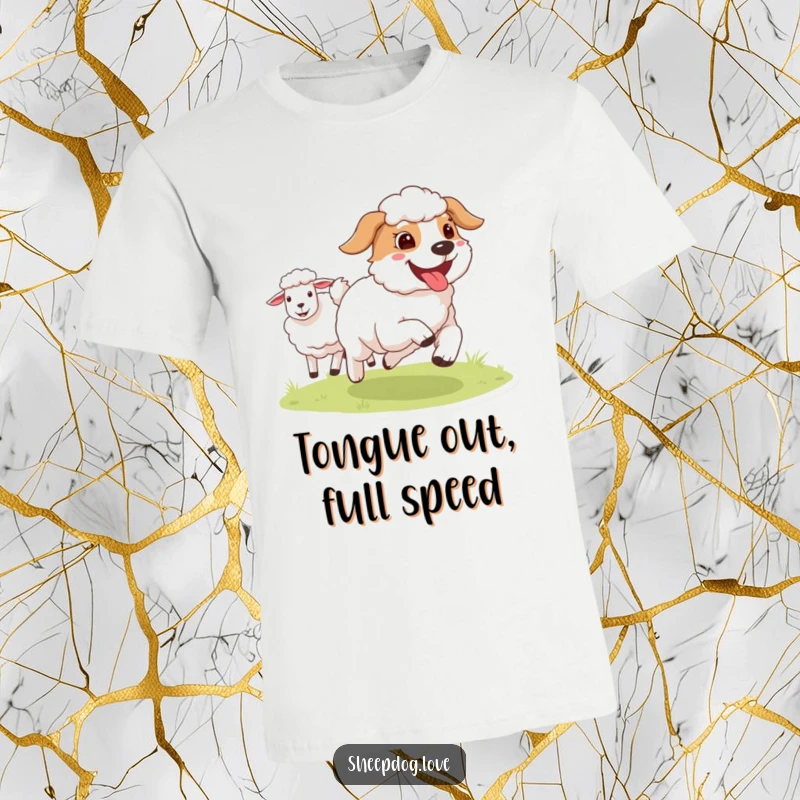 Funny Sheepdog t-shirt featuring a happy dog with its tongue out, running gleefully alongside sheep, embodying freedom and farm fun.