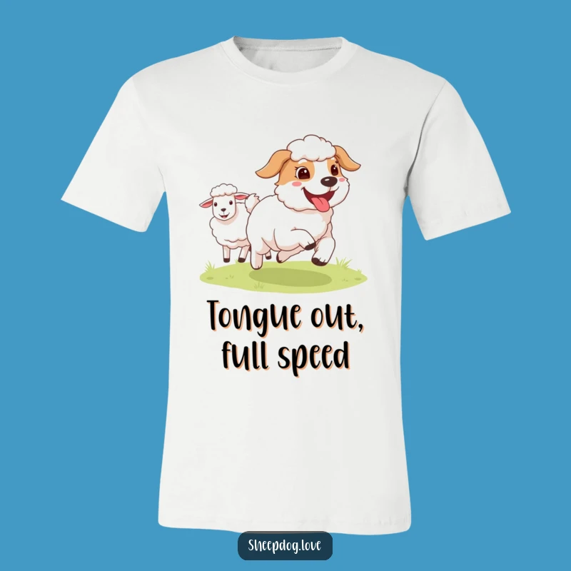 Funny Tongue Out Sheepdog T-Shirt - Joyful Running Dog Tee for Farm Fans