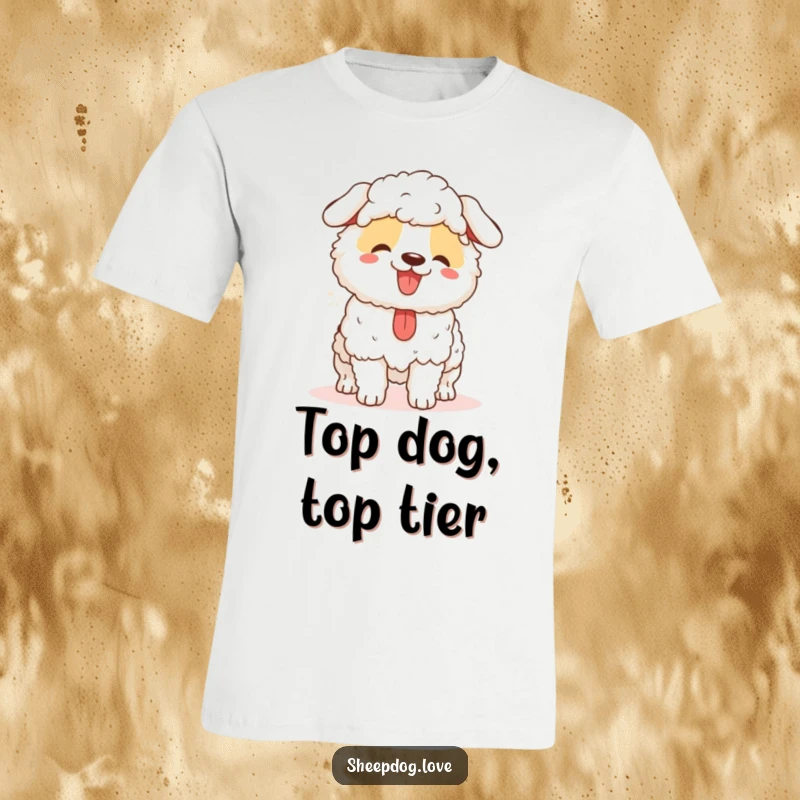 Funny sheepdog t-shirt featuring a panting, happy herding dog, ideal for farm lovers and a great funny gift.