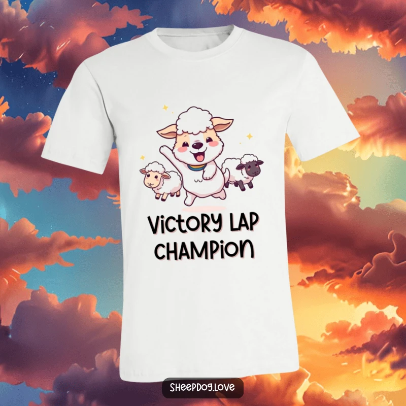 Funny happy sheepdog performing a victory spin with sheep following on a t-shirt, embodying pure joy.