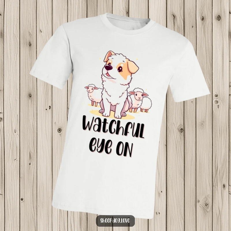 Funny guard sheepdog t-shirt, a dog looking alertly into the distance, standing guard over sheep.