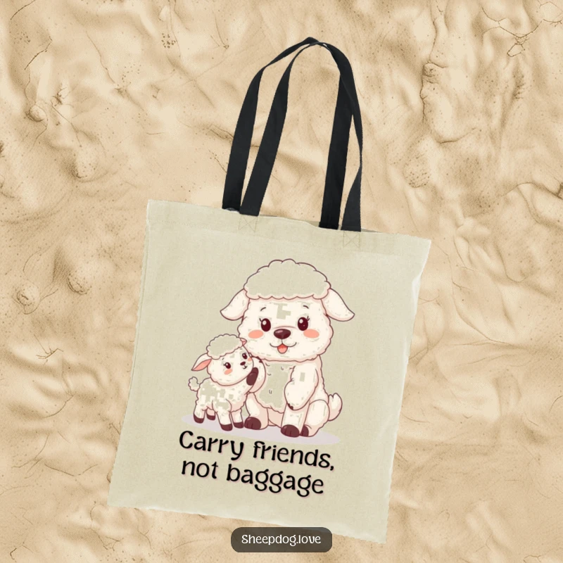 Funny sheepdog offering a paw to a lamb on a tote bag, great for carrying essentials with farm charm.