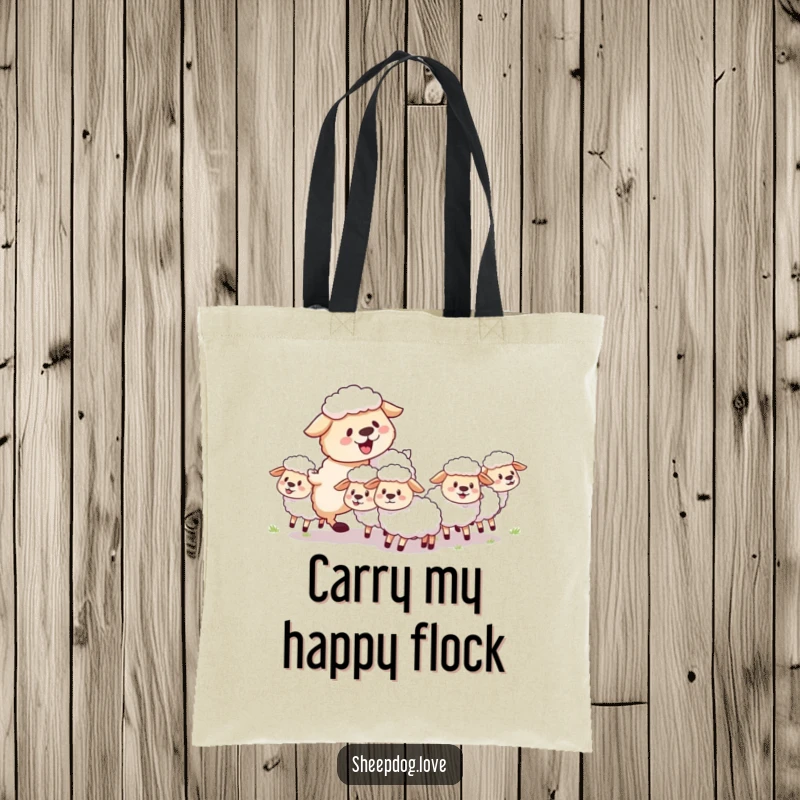 Funny sheepdog tote bag depicting a fluffy dog joyfully herding sheep with a playful and exuberant attitude, symbolizing happiness.