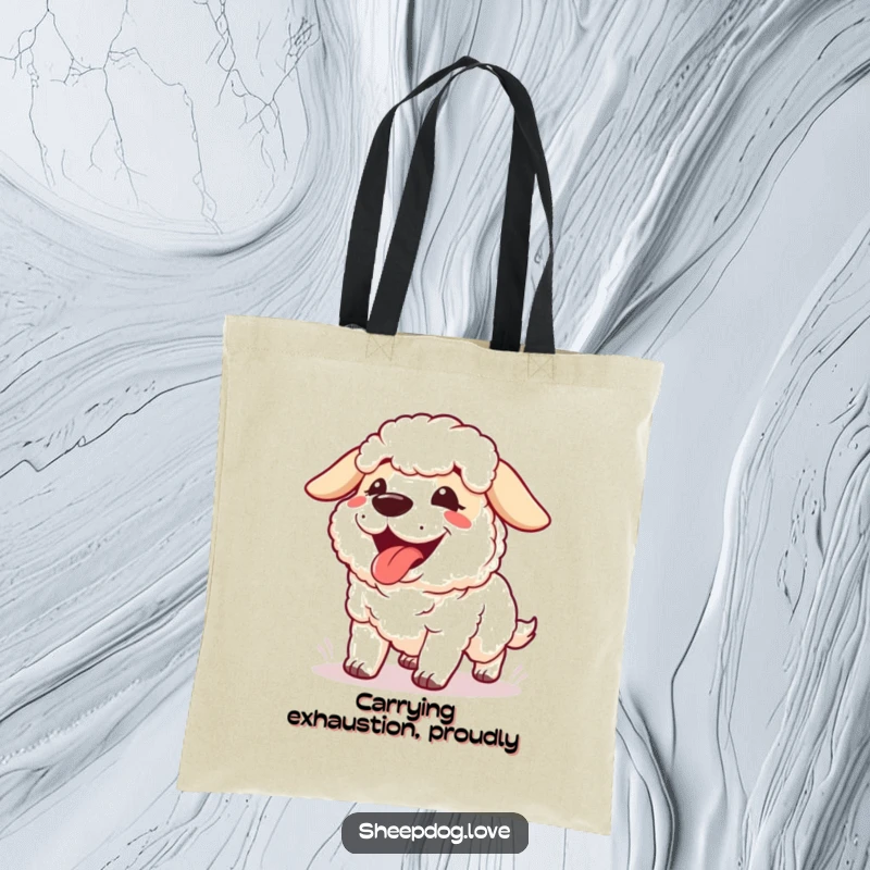 Funny Panting Sheepdog Tote Bag depicting a happy sheepdog panting with its tongue out, showing post-run contentment.