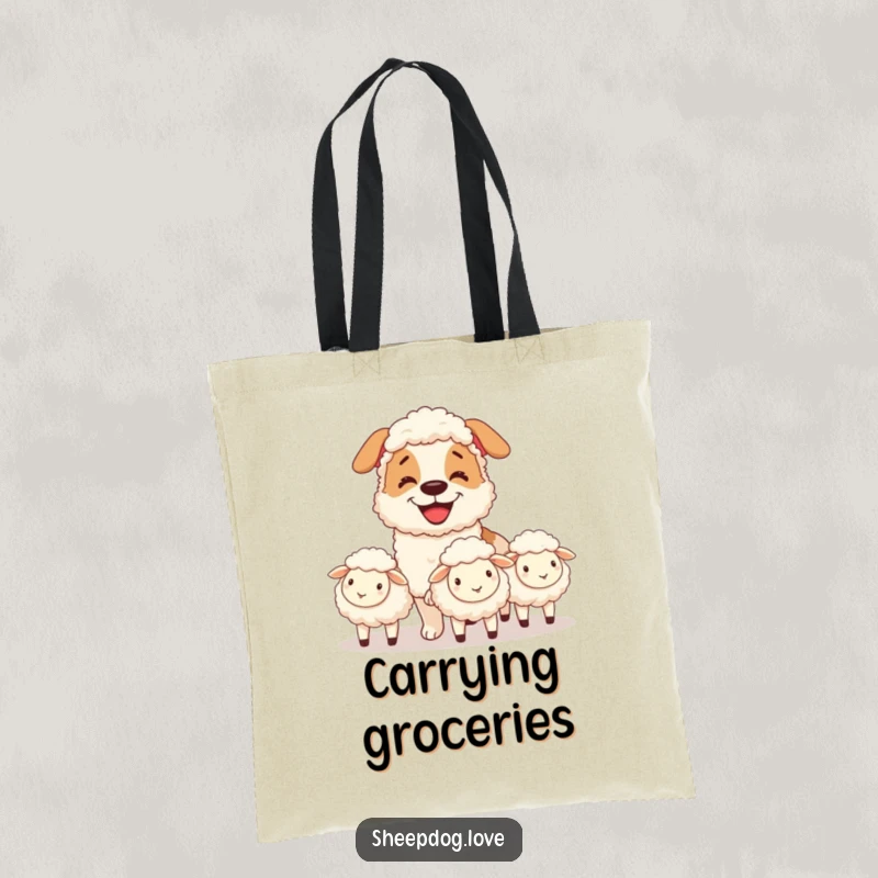 Funny tote bag showcasing a grinning sheepdog herding sheep, a humorous and practical accessory for dog enthusiasts.