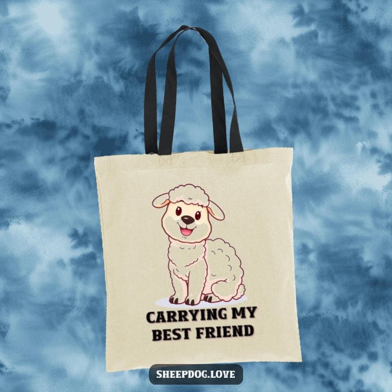 Funny sheepdog tote bag showcasing a happy sheepdog sitting proudly next to its fluffy sheep companion.