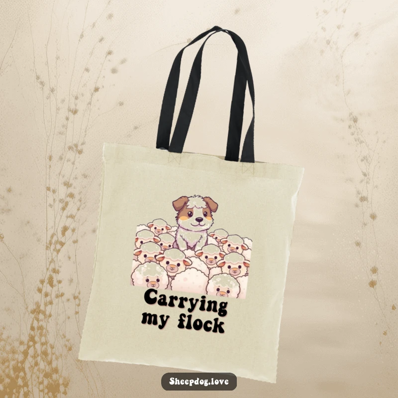 Funny Sheepdog Tote Bag illustrating a focused sheepdog watching over a field of fluffy sheep, offering practical humor for everyday use.