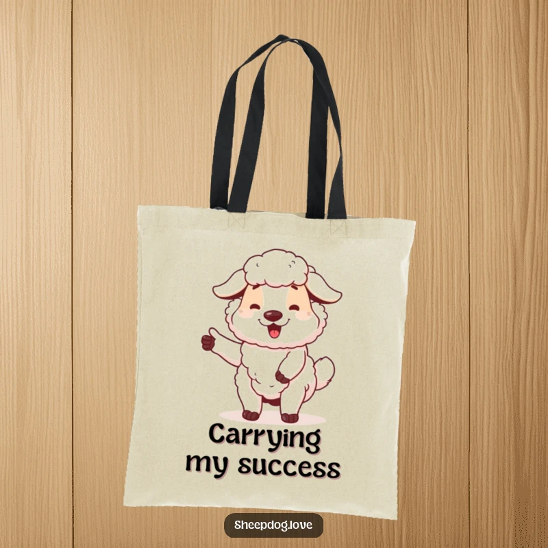 Funny sheepdog tote bag designed with a happy dog wagging its tail, proud of its work, a stylish and humorous accessory.