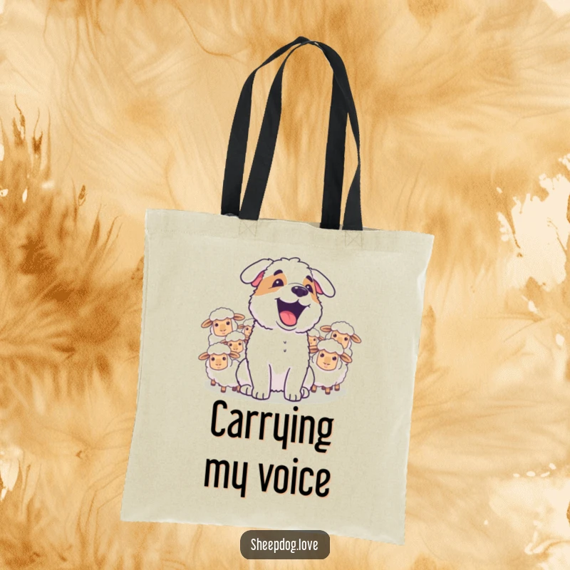 Funny sheepdog energetically barking at a group of sheep on a durable tote bag, perfect for everyday use.