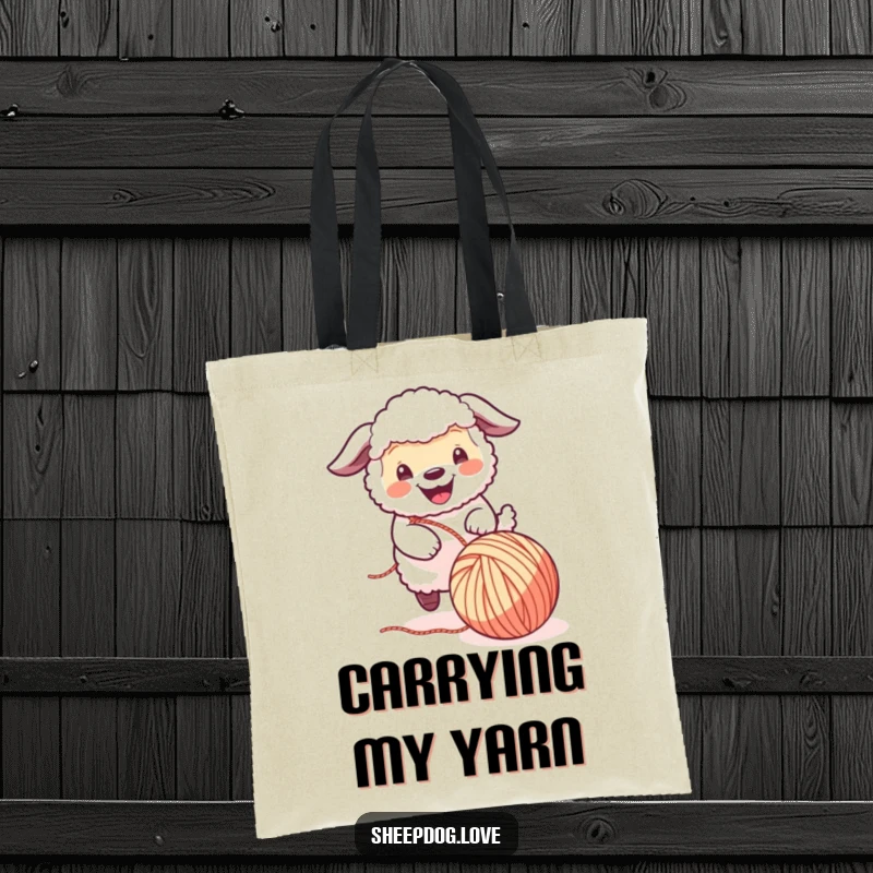 Funny Sheepdog Tote Bag: A happy sheepdog gleefully interacts with a rolling ball of yarn, adding a touch of humor and charm to everyday tasks.