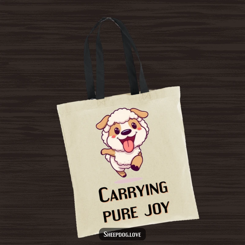 Funny joyful sheepdog running tote bag, showing a happy dog in full sprint with its tongue out.