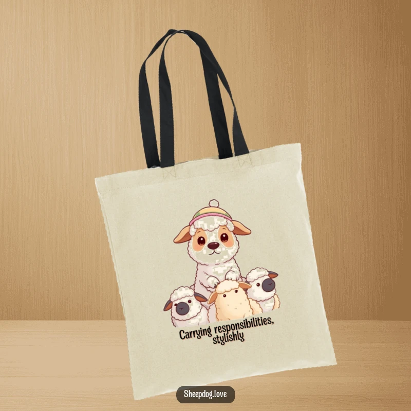 Funny tote bag showing a sheepdog with a hat watching its flock, perfect for carrying items and symbolizing diligent oversight.