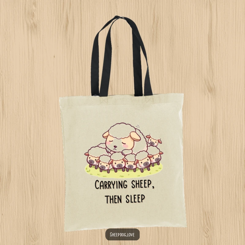Funny Sheepdog Tote Bag illustrating a sheepdog napping peacefully among its flock, a cute and practical accessory.