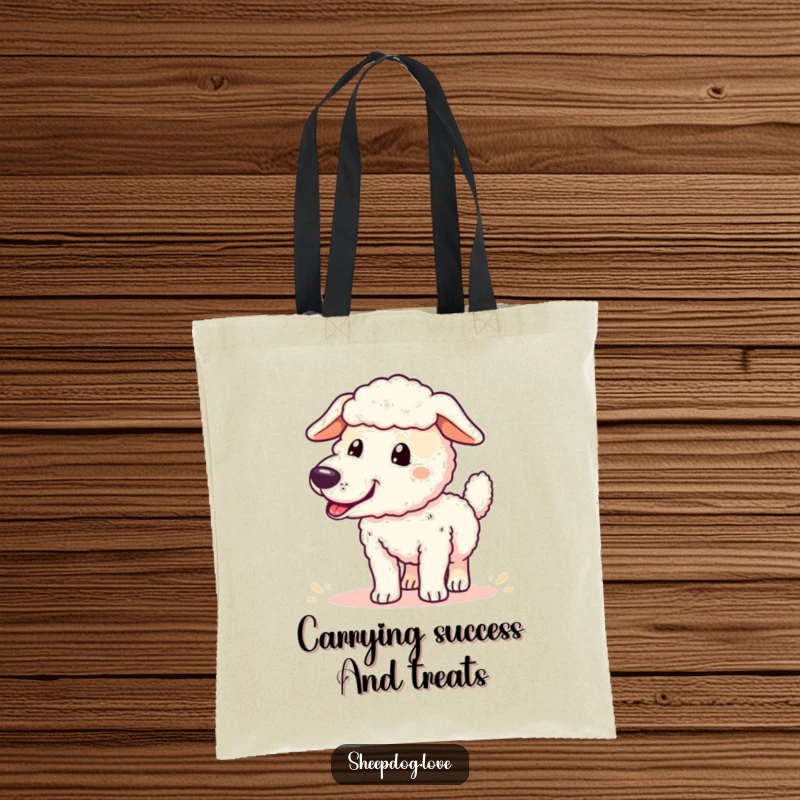 Funny sheepdog tote bag showcasing a cheerful sheepdog triumphantly wagging its tail after completing its herding duties.