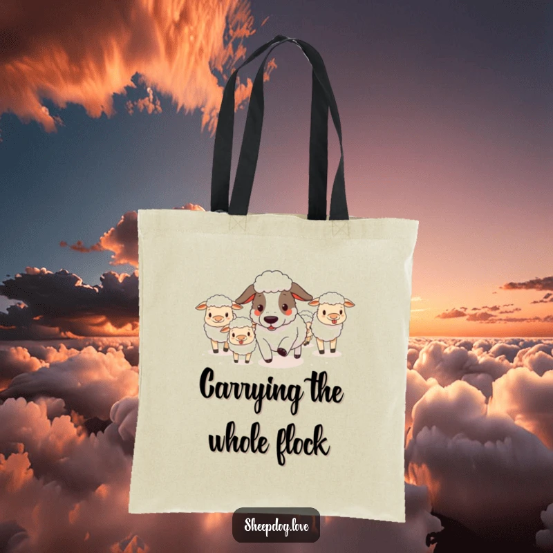 Funny sheepdog efficiently herding a gaggle of sheep on a durable tote bag, perfect for errands and humor.