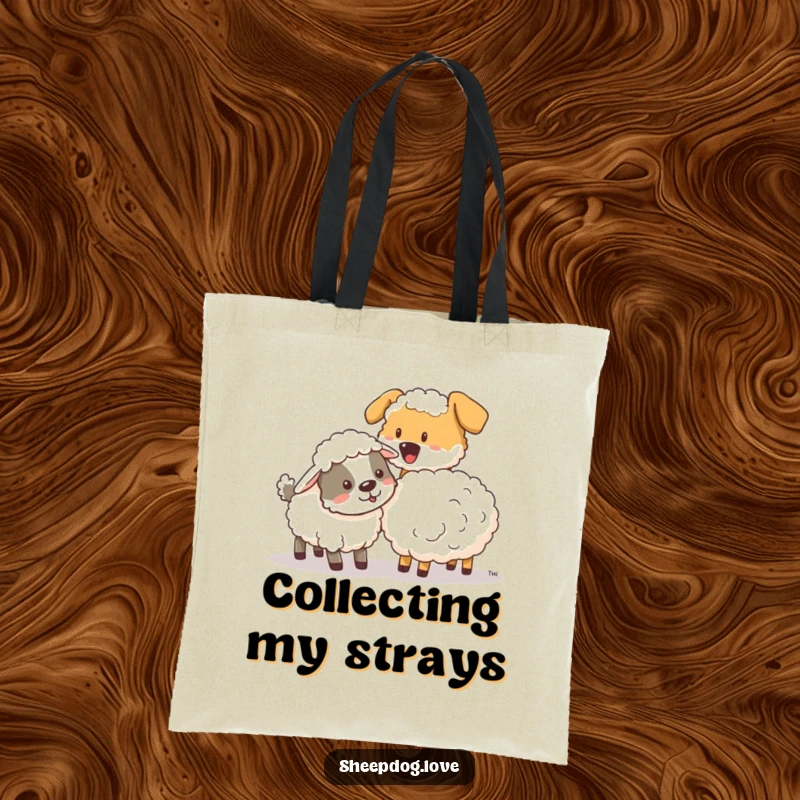 Funny sheepdog playfully nudging a stray sheep on a durable tote bag, perfect for carrying everyday items.