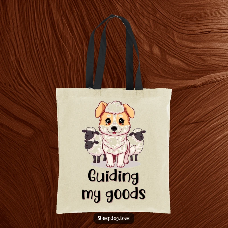 Funny tote bag showcasing a sheepdog with a determined expression, guiding sheep with unwavering focus.