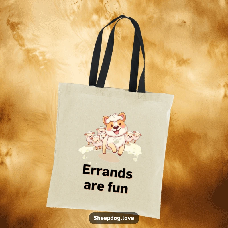 Funny Sheepdog Tote Bag: A happy sheepdog leading a flock of sheep up a hill, with a confident and joyful expression.